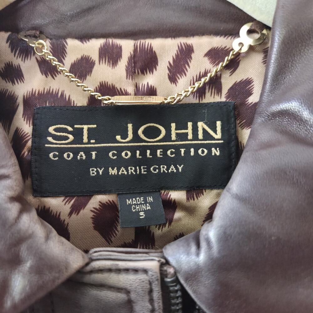 St Saint John Marie Gray Leather Mink Trimmed Jacket Full Zip Satin Lined Sz S - Picture 2 of 13